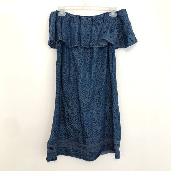 SOFT SURROUNDINGS Dark Wash Denim Chambray Aztec Boho Off the Shoulder Tunic Top - Picture 9 of 11
